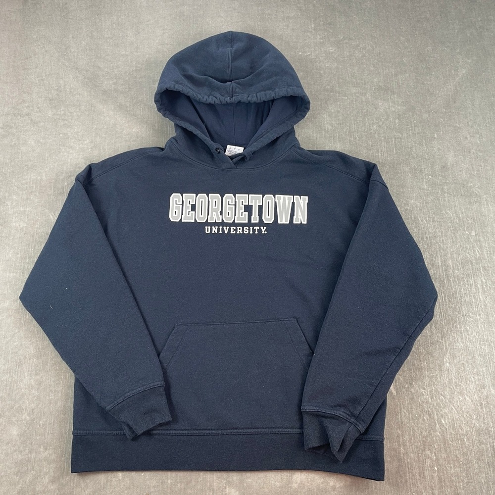 Georgetown University Champion Mens L Navy Blue Hoodie Pullover Graphic Fleece